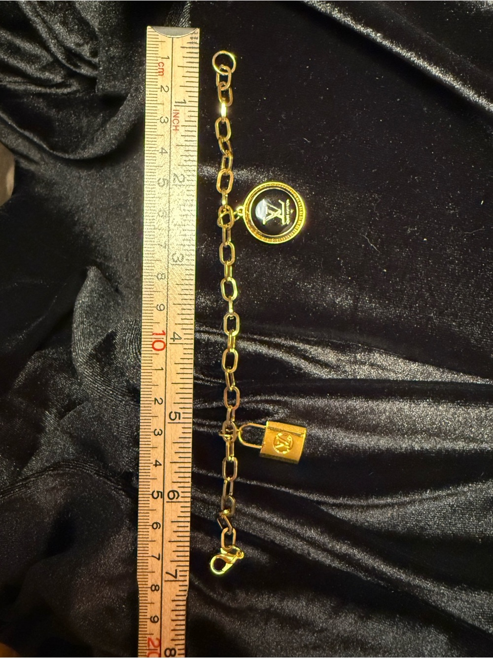 LV Gold Chain Bracelet with Black Logo Disc and Padlock - Picture 4 of 7